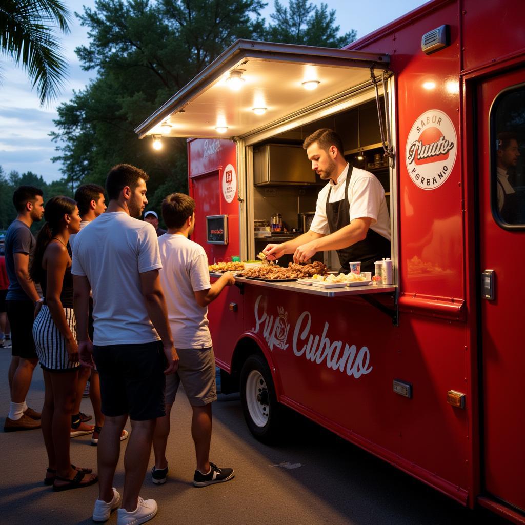 Mambo food truck serving customers in a busy street