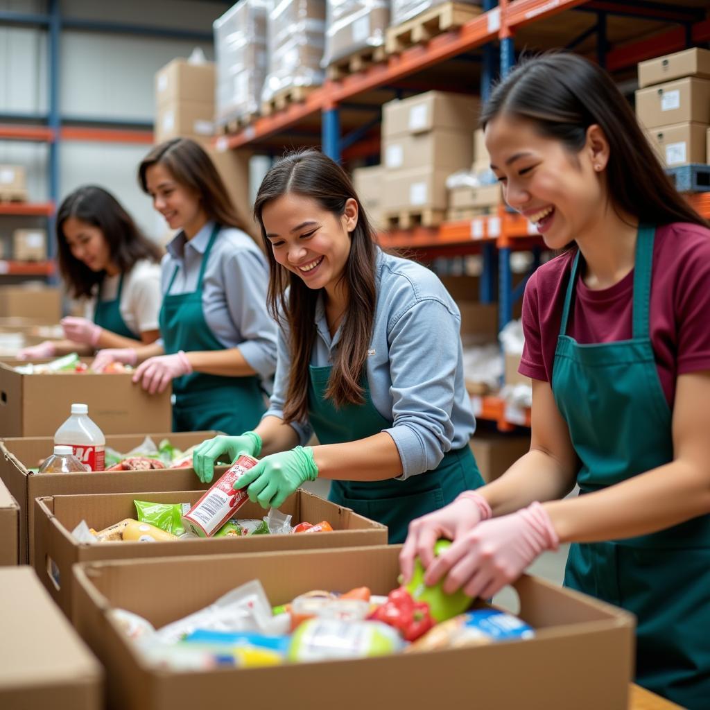 Volunteers sorting food donations at the Mansfield Food Bank