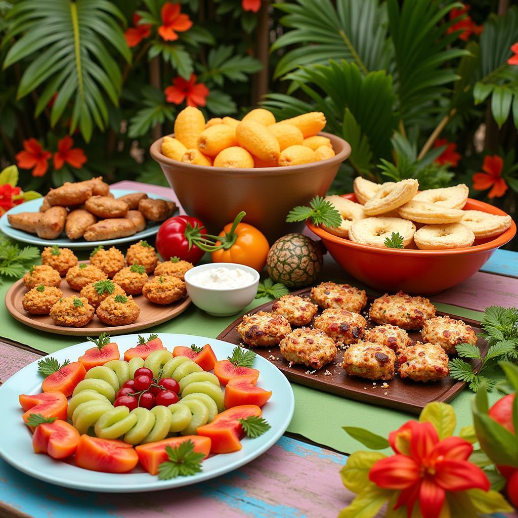 A colorful spread of Margaritaville appetizers including coconut shrimp, jerk chicken skewers, and volcano nachos.