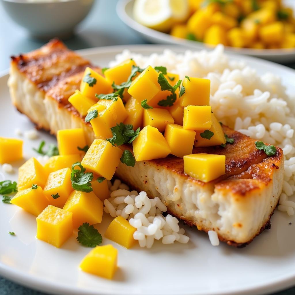 Grilled Mahi-Mahi with Mango Salsa served with coconut rice.