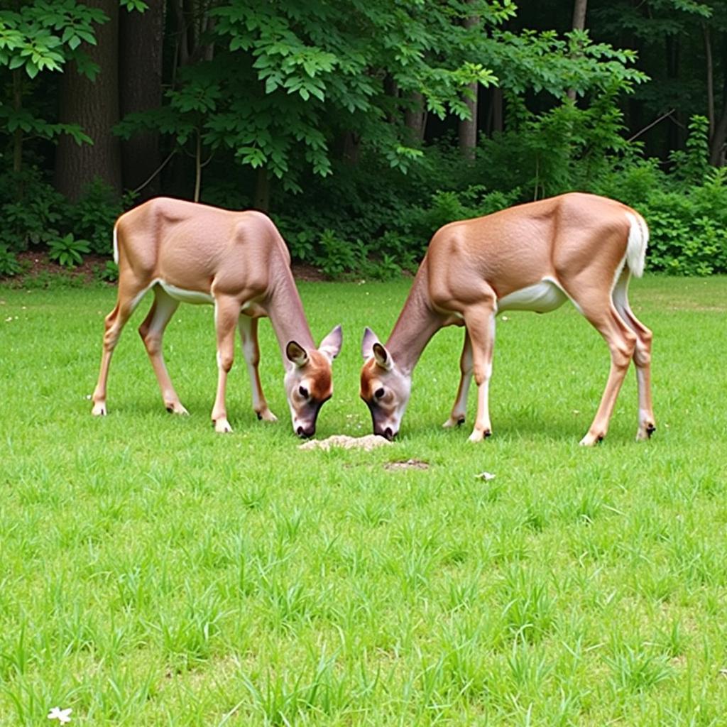 Whitetail Deer Feeding on a Thriving Food Plot with Supplemental Feed and Mineral Licks