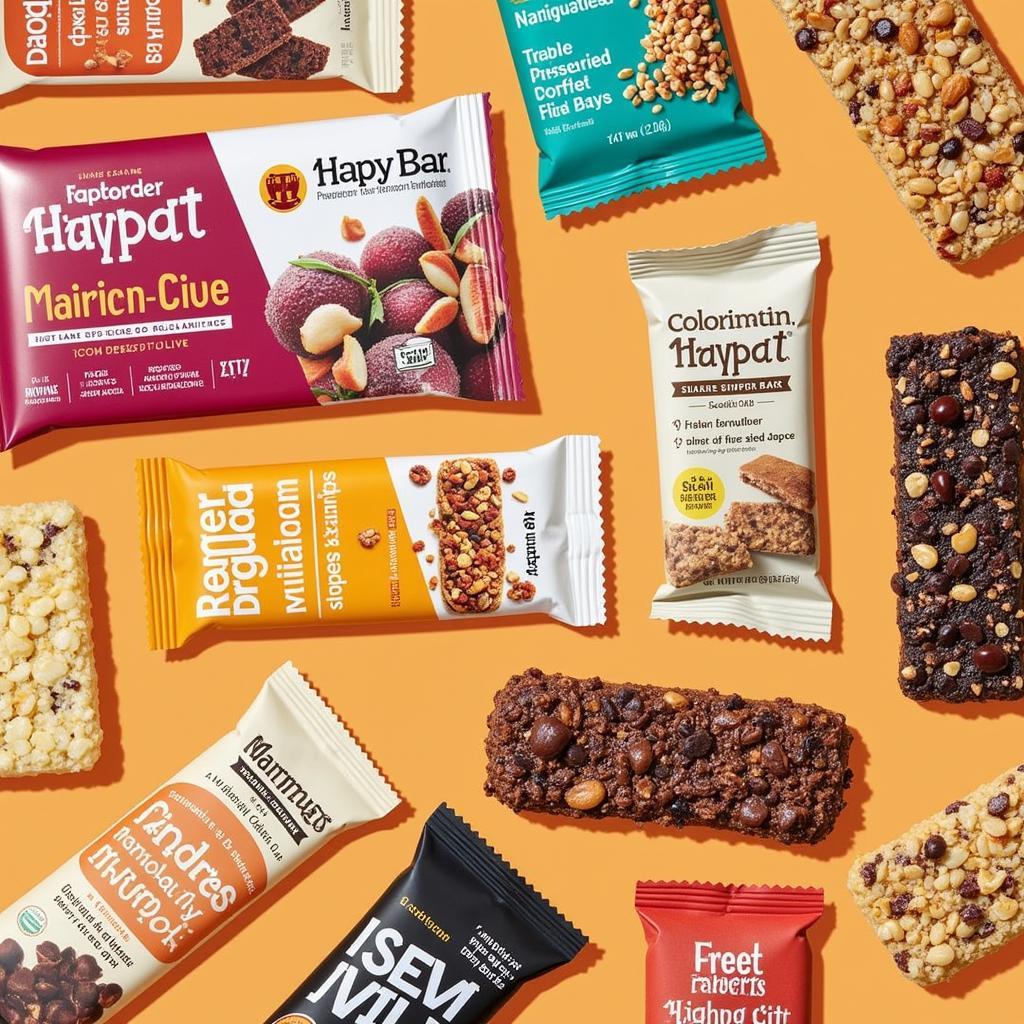 Assortment of mayday food bars in various flavors and packaging