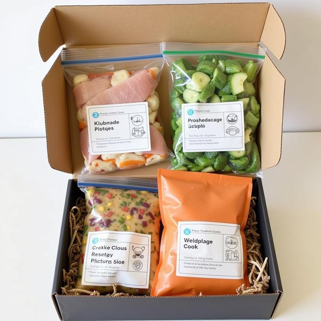 A box filled with pre-portioned ingredients and recipe cards for a meal kit service, perfect for busy new parents.