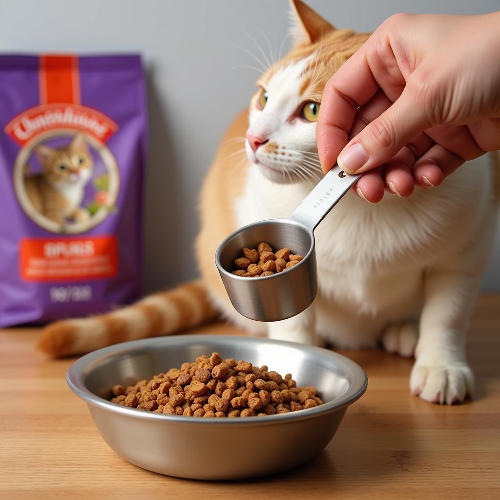 Measuring a portion of chicken cat food