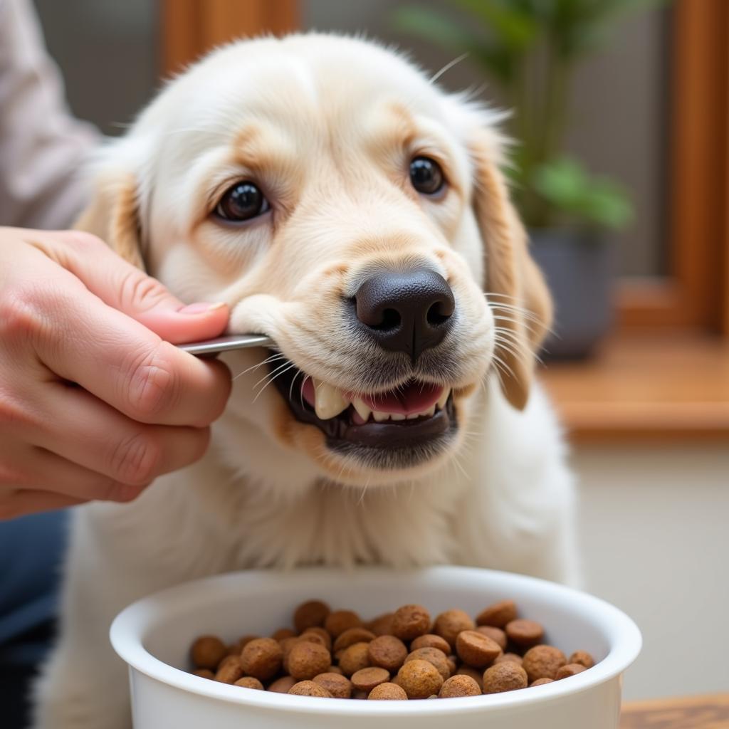 Carefully Measuring Puppy Food