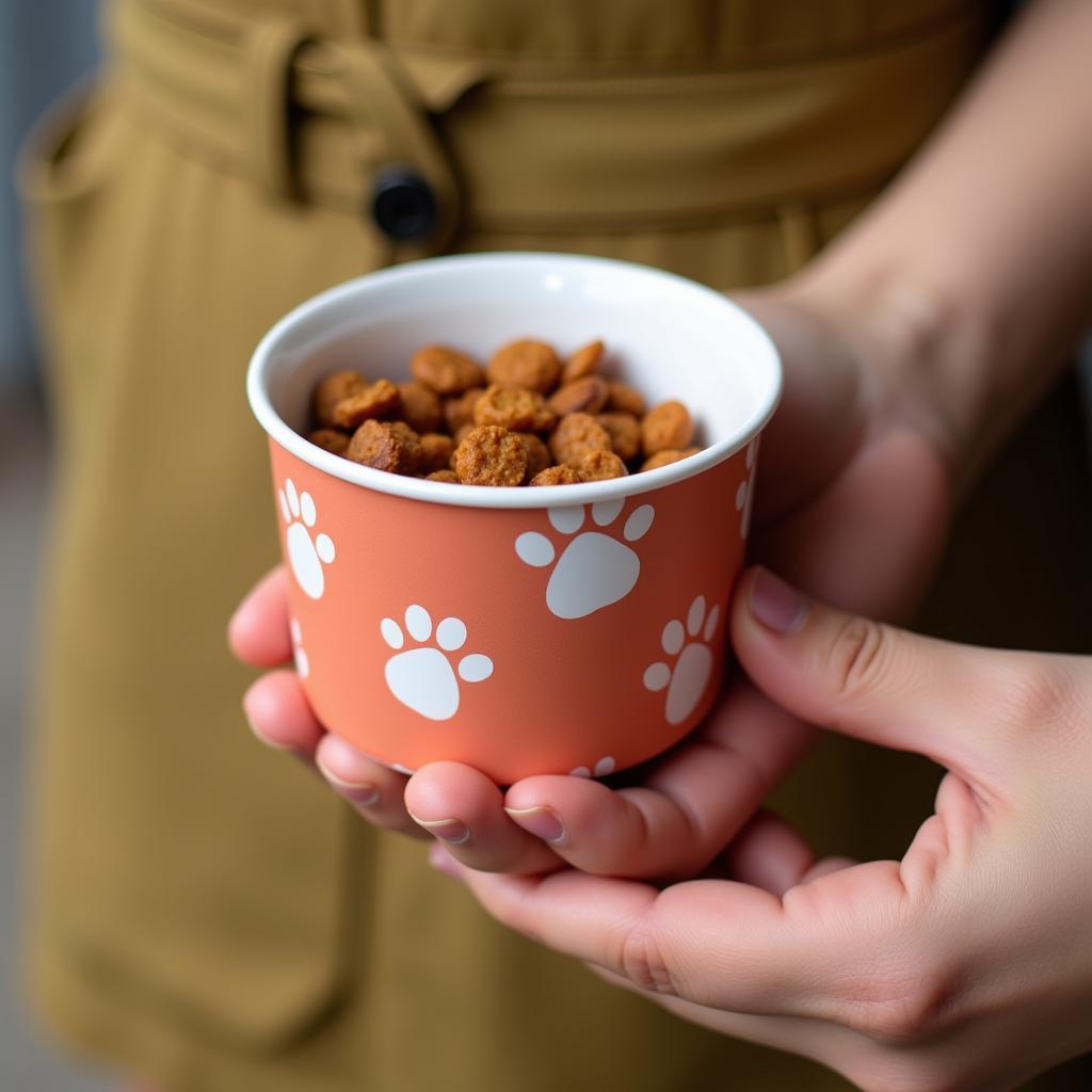 A person measuring puppy kibble with a dog food cup