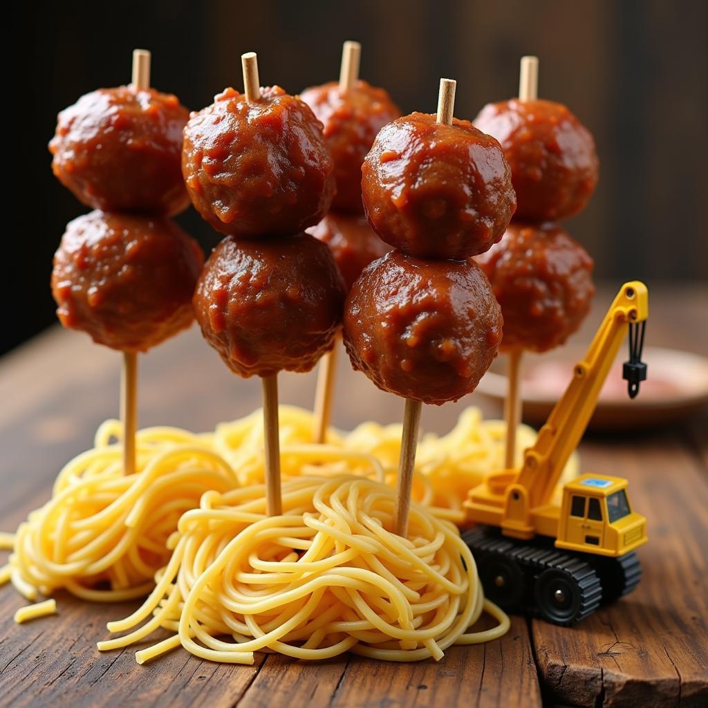 Meatball Wrecking Balls with Pasta Wires