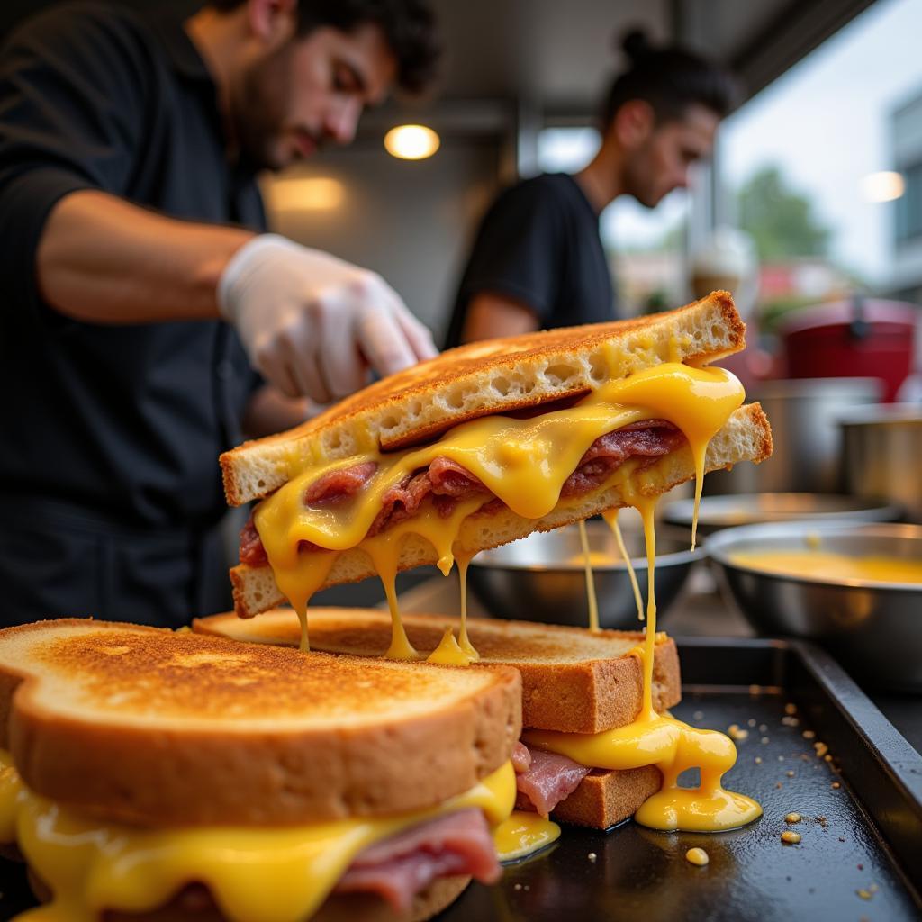 Melted Cheese on a Grilled Cheese Sandwich from a Food Truck