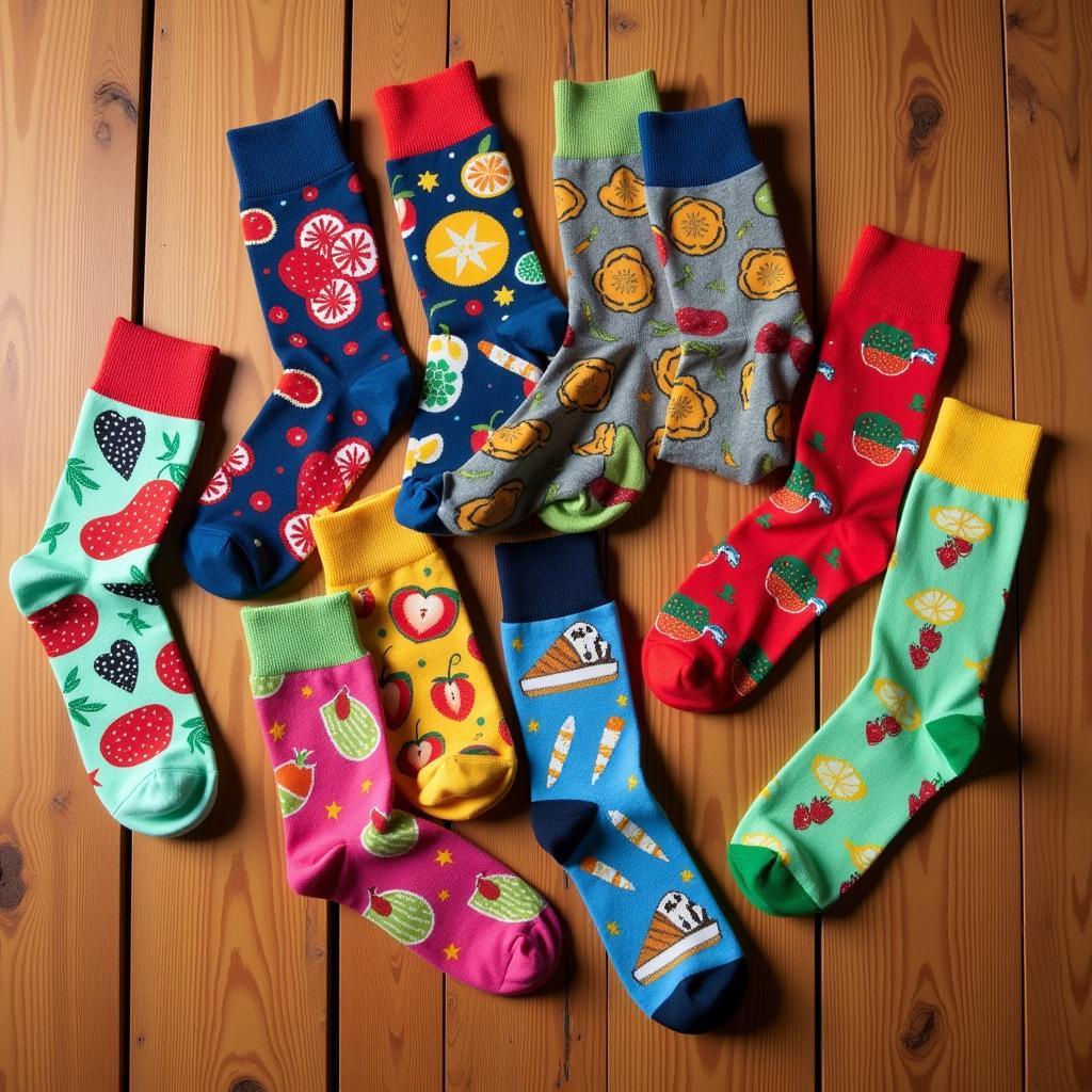 Men's colorful food socks featuring various food patterns