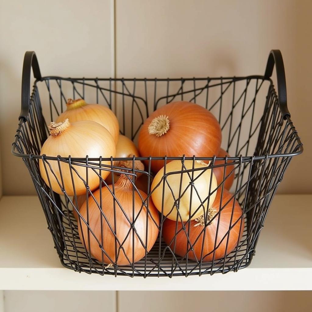 Metal wire basket for pantry organization.