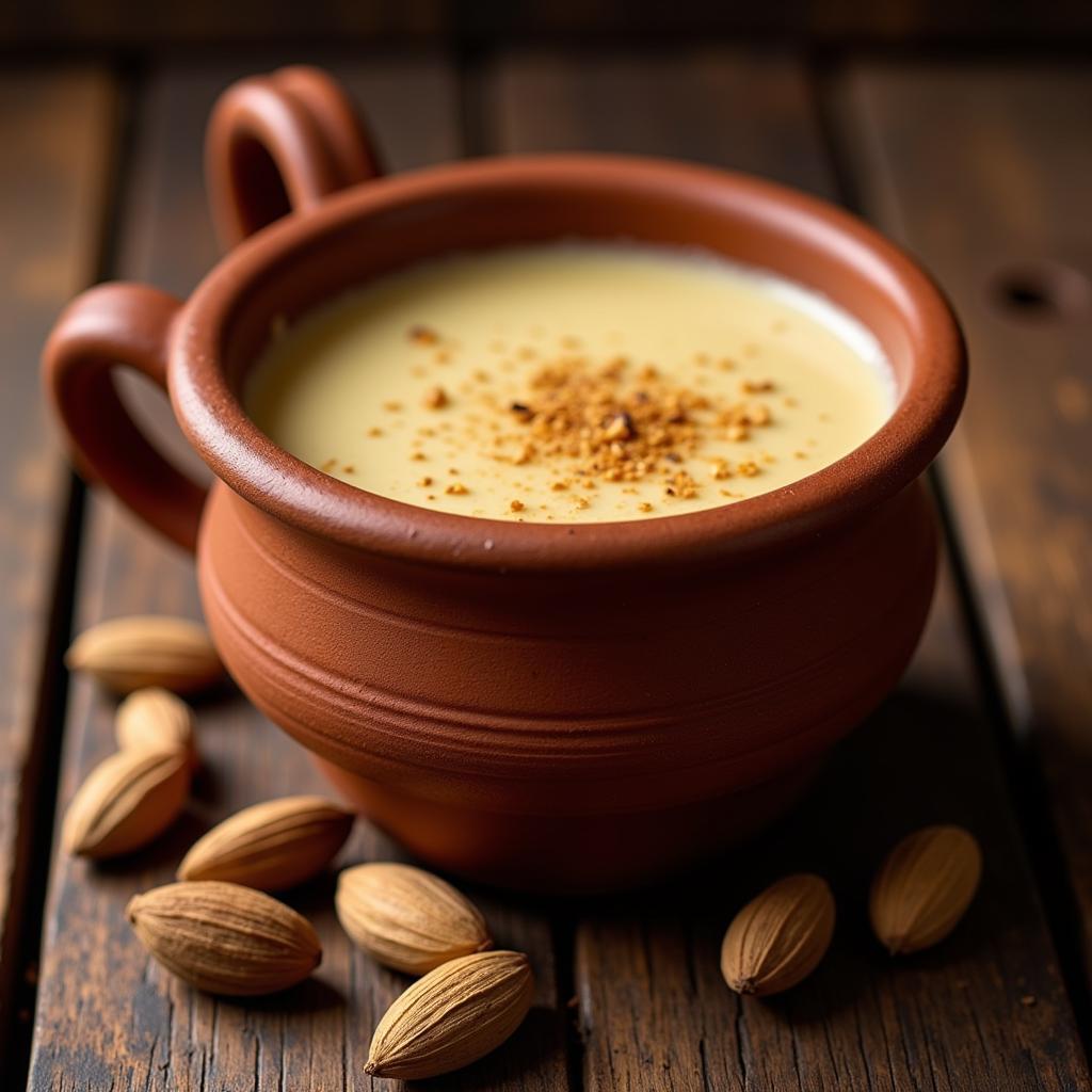 A steaming cup of Mexican atole flavored with cardamom