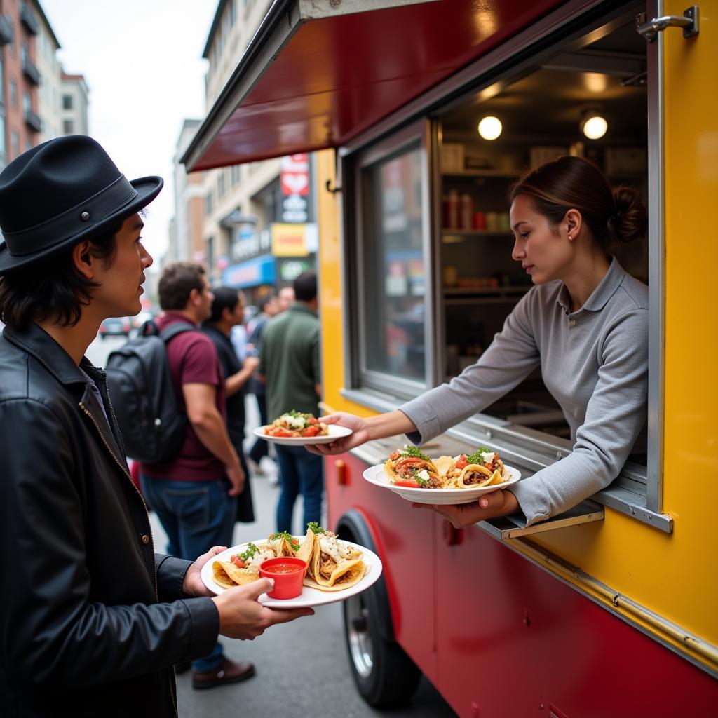 Mexican caliente food truck serving tacos and salsa