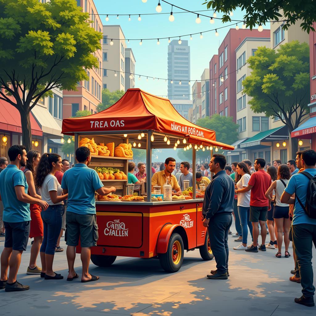 Customers lining up at a Mexican food cart in a busy street scene.