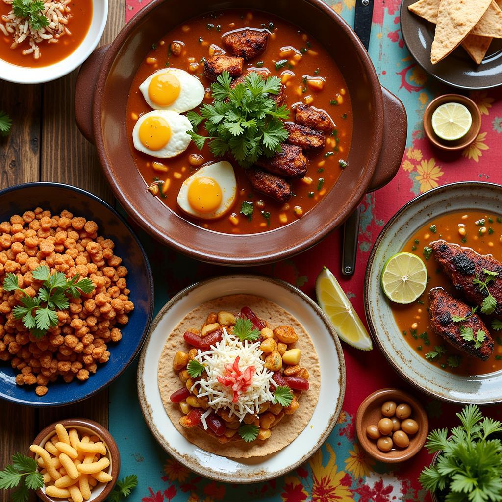 A table laden with regional Mexican dishes near Rancho Cucamonga: pozole, cochinita pibil, and tlayudas.