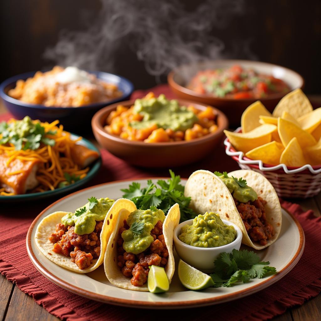 A delicious spread of various Mexican food dishes, including tacos, enchiladas, and guacamole.