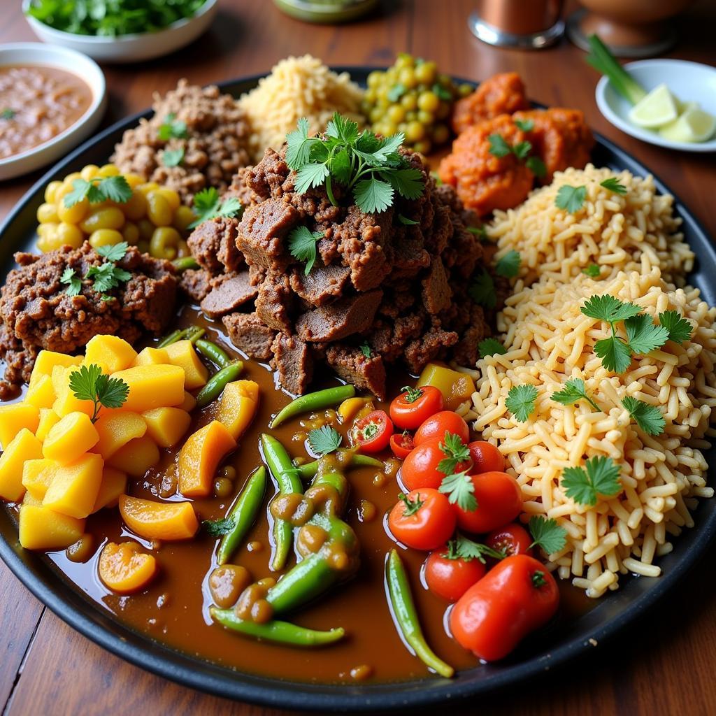 Mezban Food Platter with Beef, Fish, and Vegetables