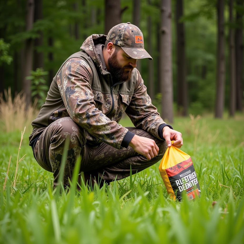 Michigan Food Plot Seed Selection: A hunter examines a bag of seeds in front of a flourishing food plot.