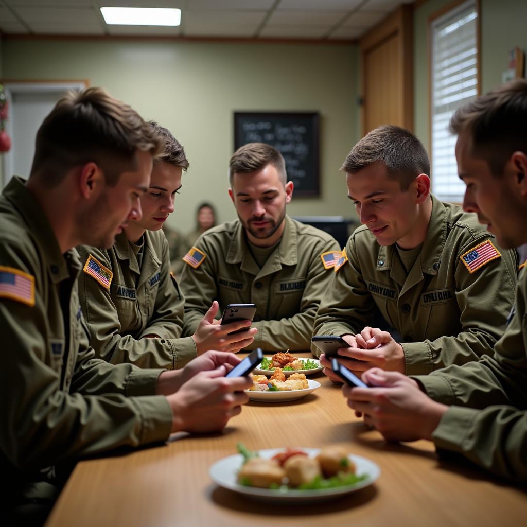 Soldiers using a military base food delivery app on their phones