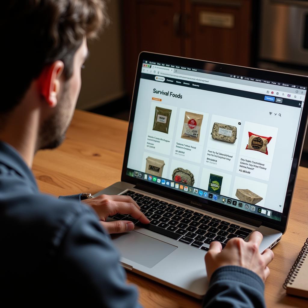 A person browsing military dry food options on a laptop.