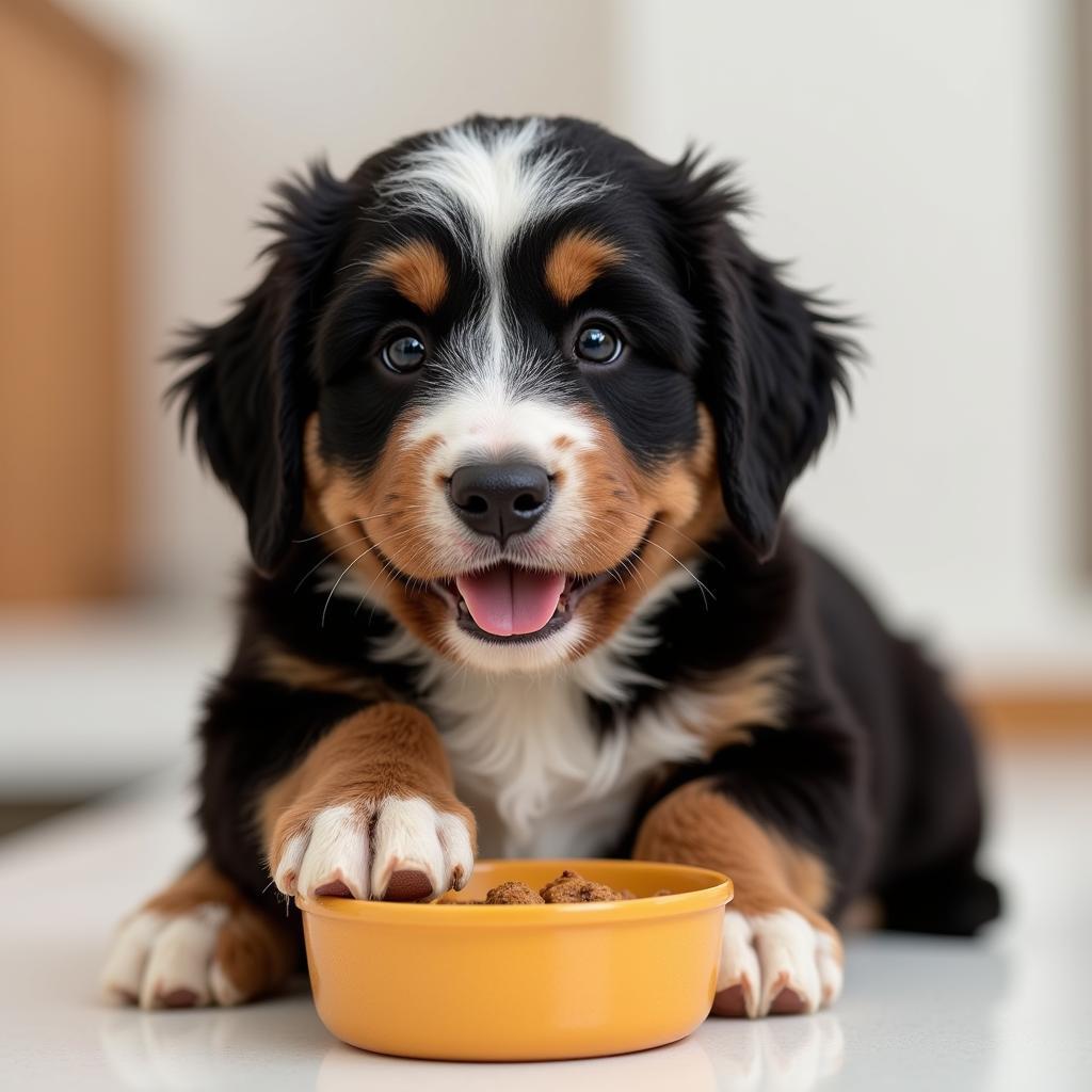 Mini Bernedoodle puppy enjoying its meal