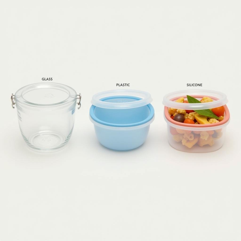 A comparison showcasing glass, plastic, and silicone mini food containers, highlighting their different properties and best uses.