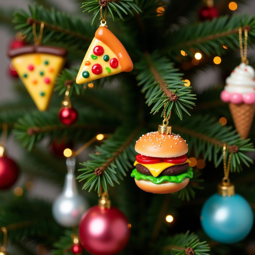 Miniature Food Ornaments Adorning a Christmas Tree