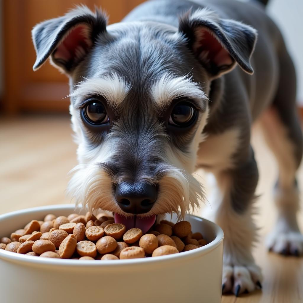 Miniature Schnauzer Enjoying a Meal of Dry Kibble