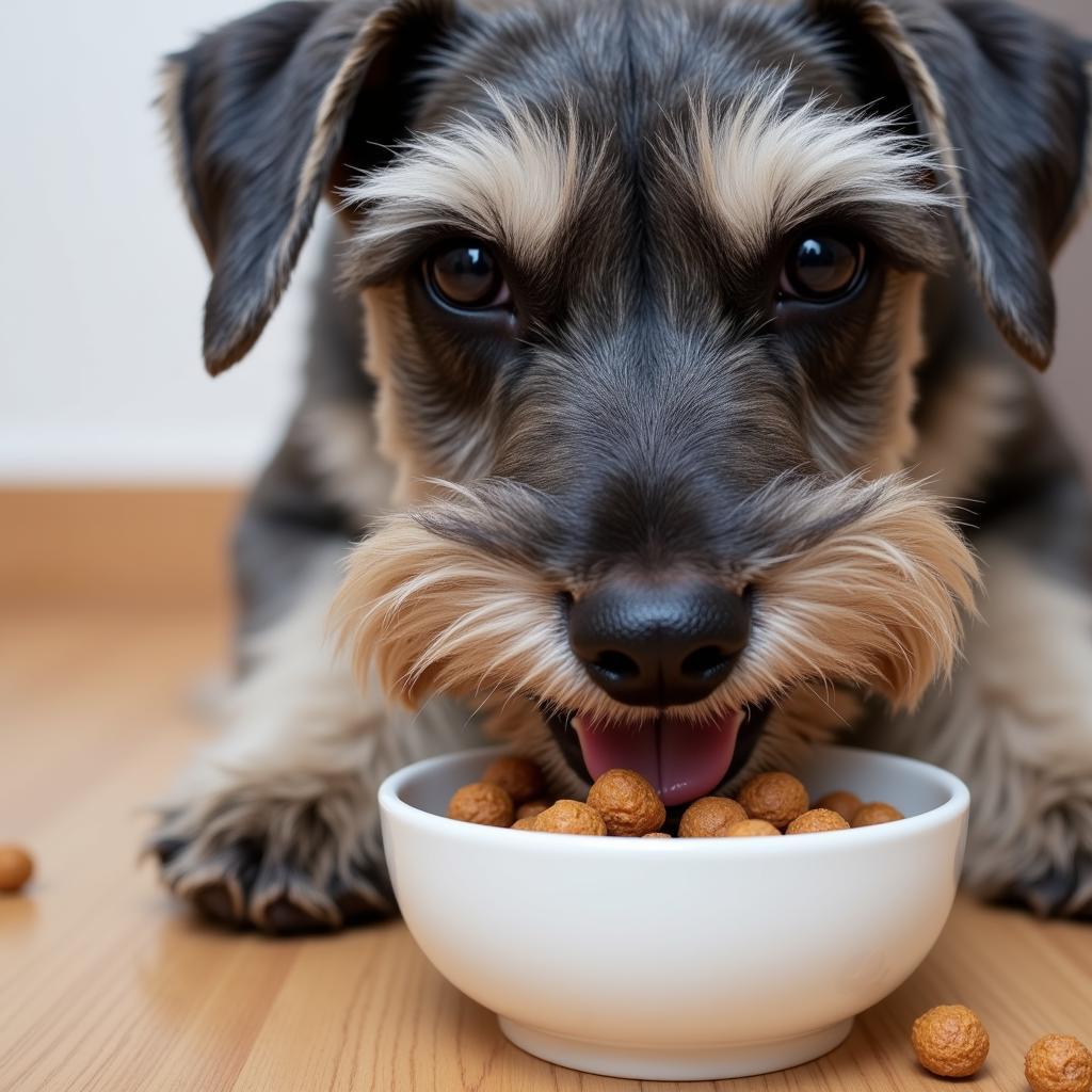 A miniature schnauzer eating dry kibble from a bowl.