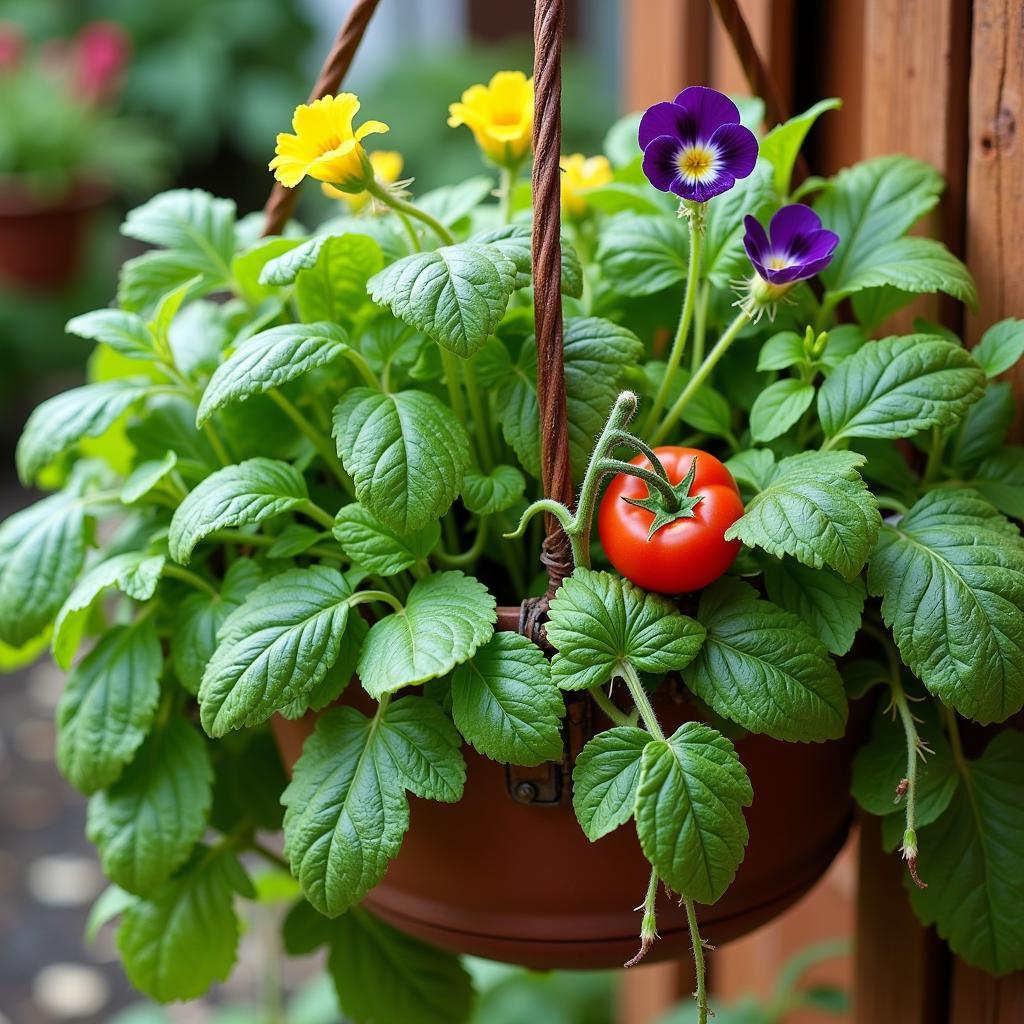 A Variety of Edibles Growing in a Hanging Basket