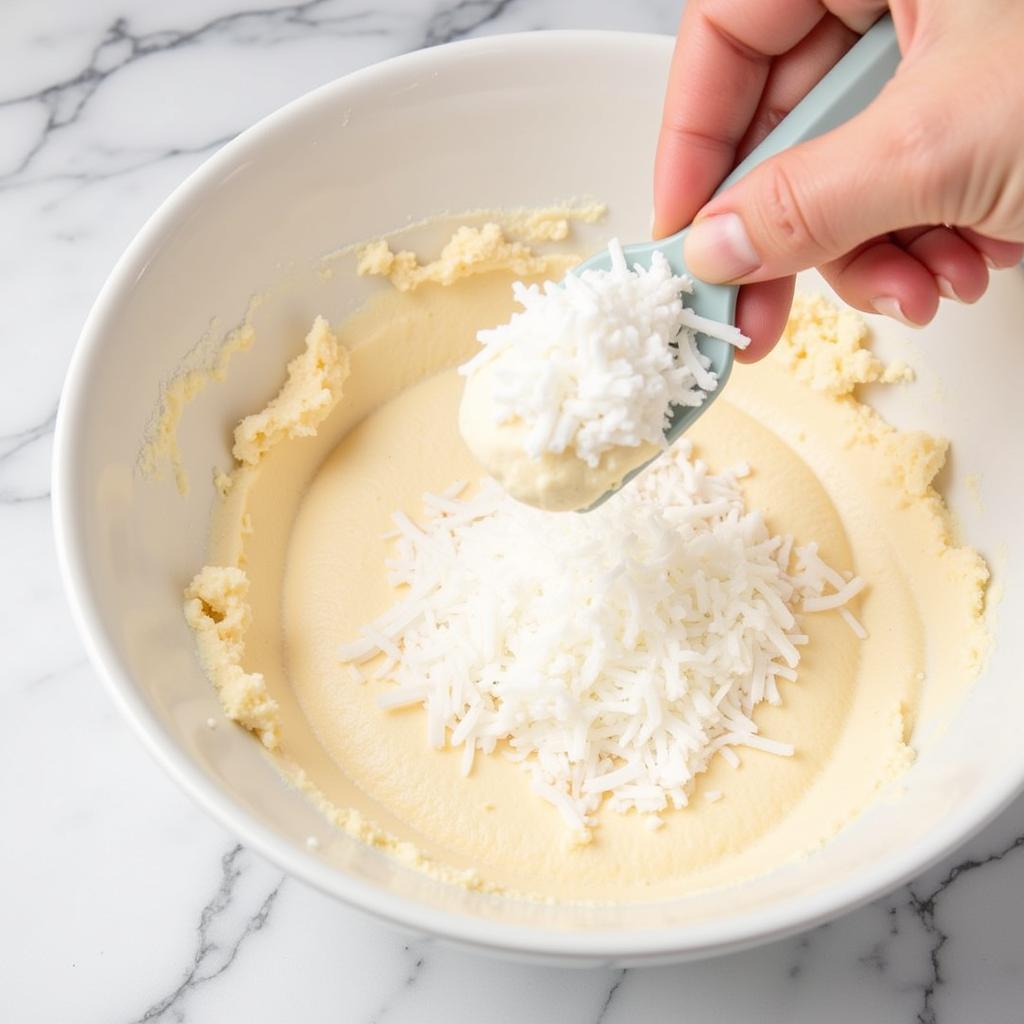 Mixing the batter for angel food cookies coconut