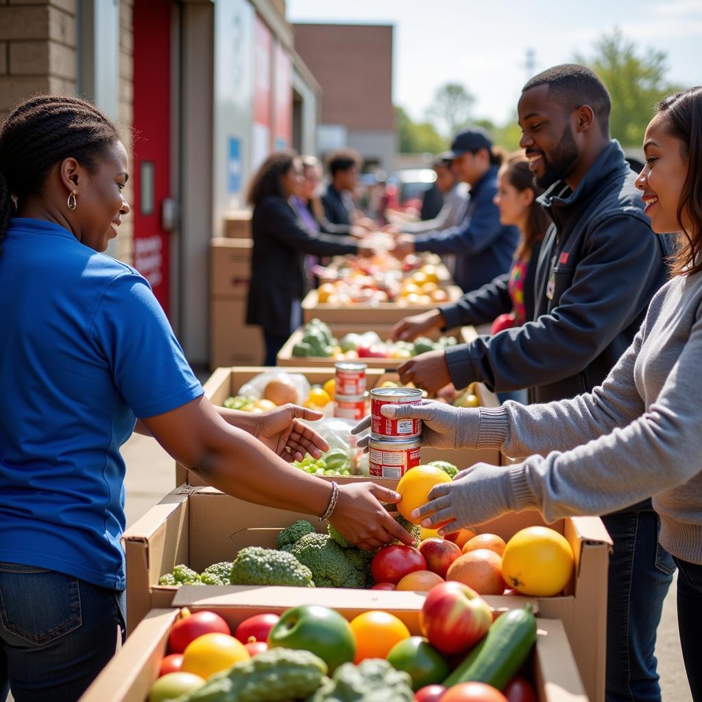 Volunteers distributing food boxes at a mobile food pantry in Lansing, Michigan. The image showcases fresh produce, canned goods, and other essential food items being given to community members.