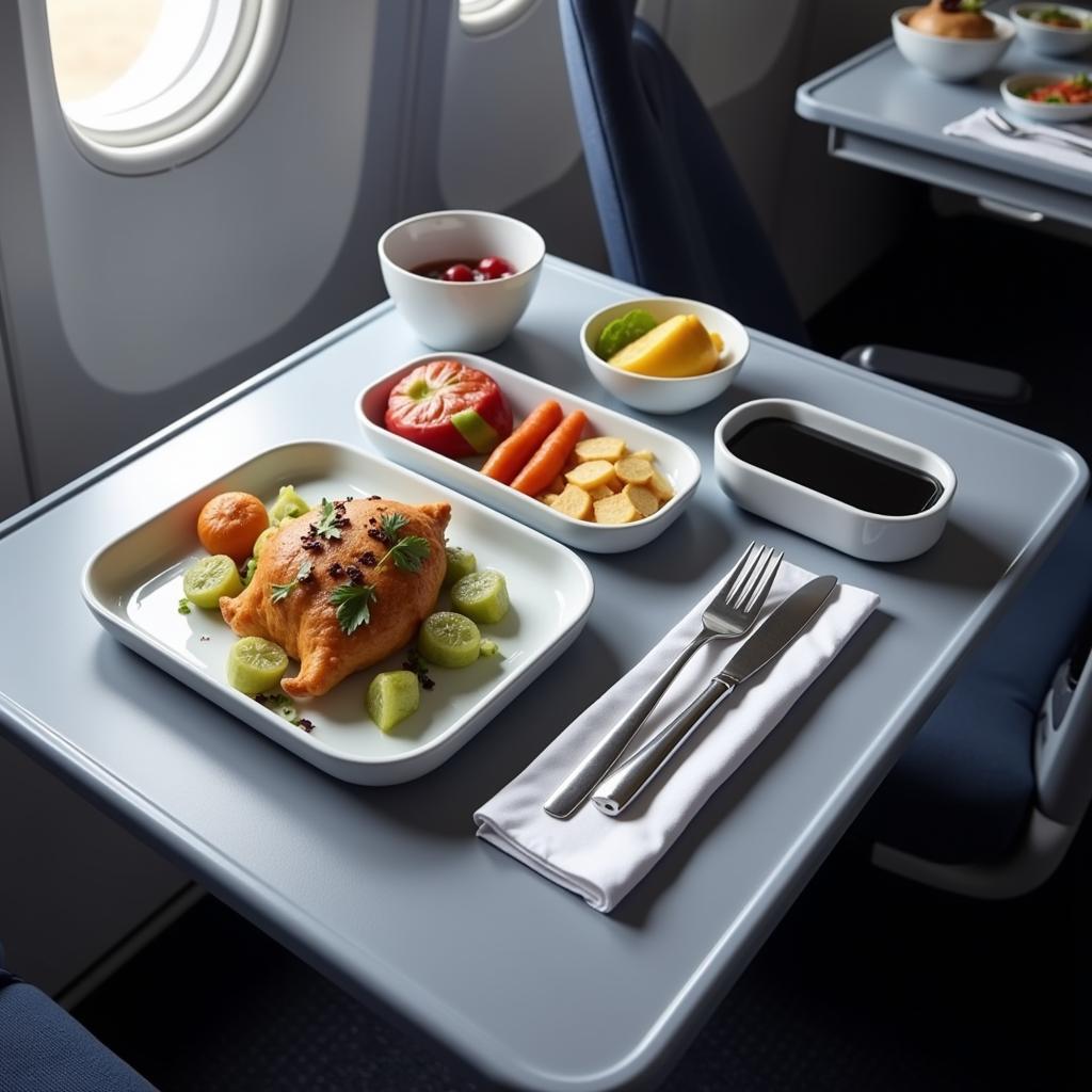 Modern Airplane Food Tray with Integrated Cup Holder and Device Compartment