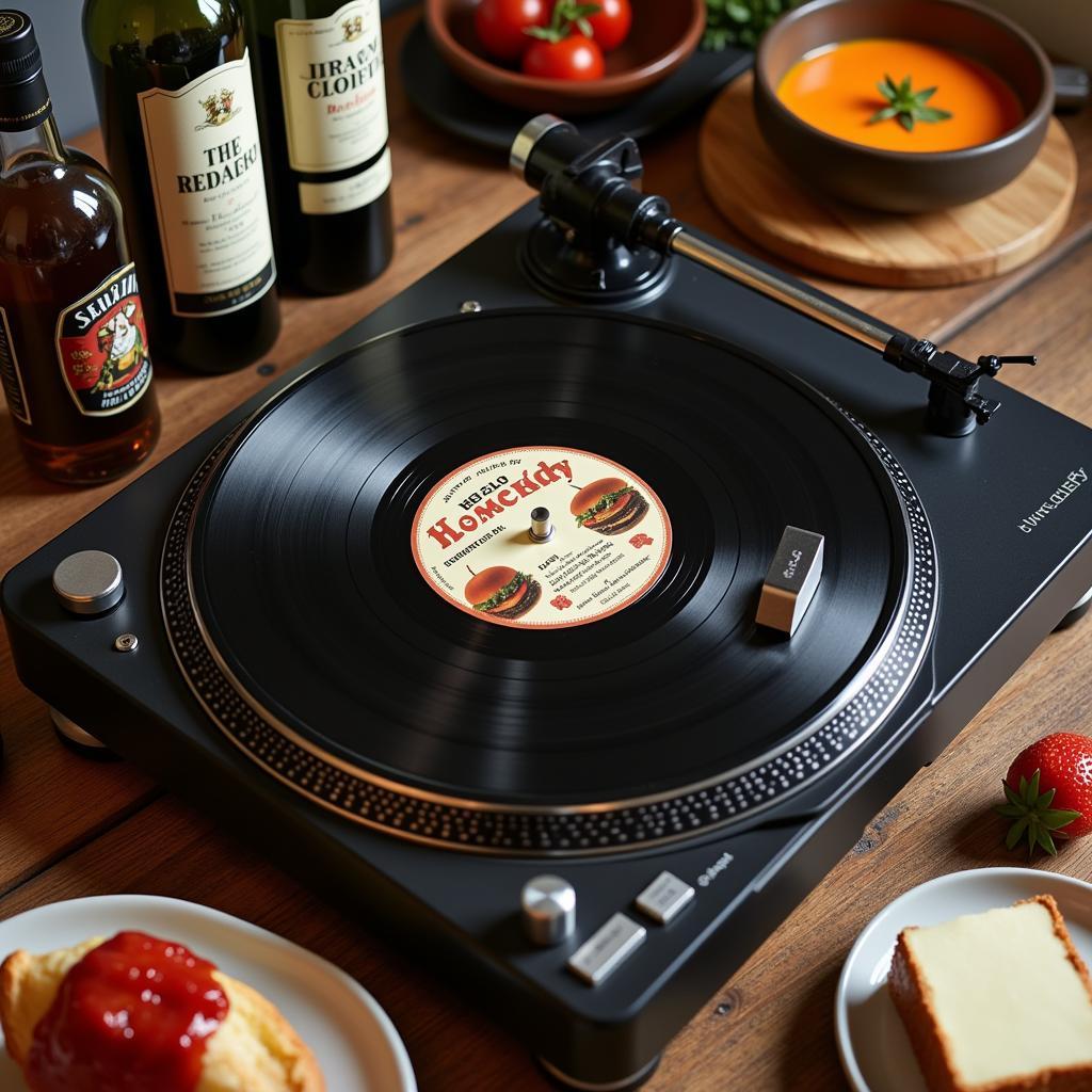 A modern vinyl record player setup with a food and liquor themed album playing.