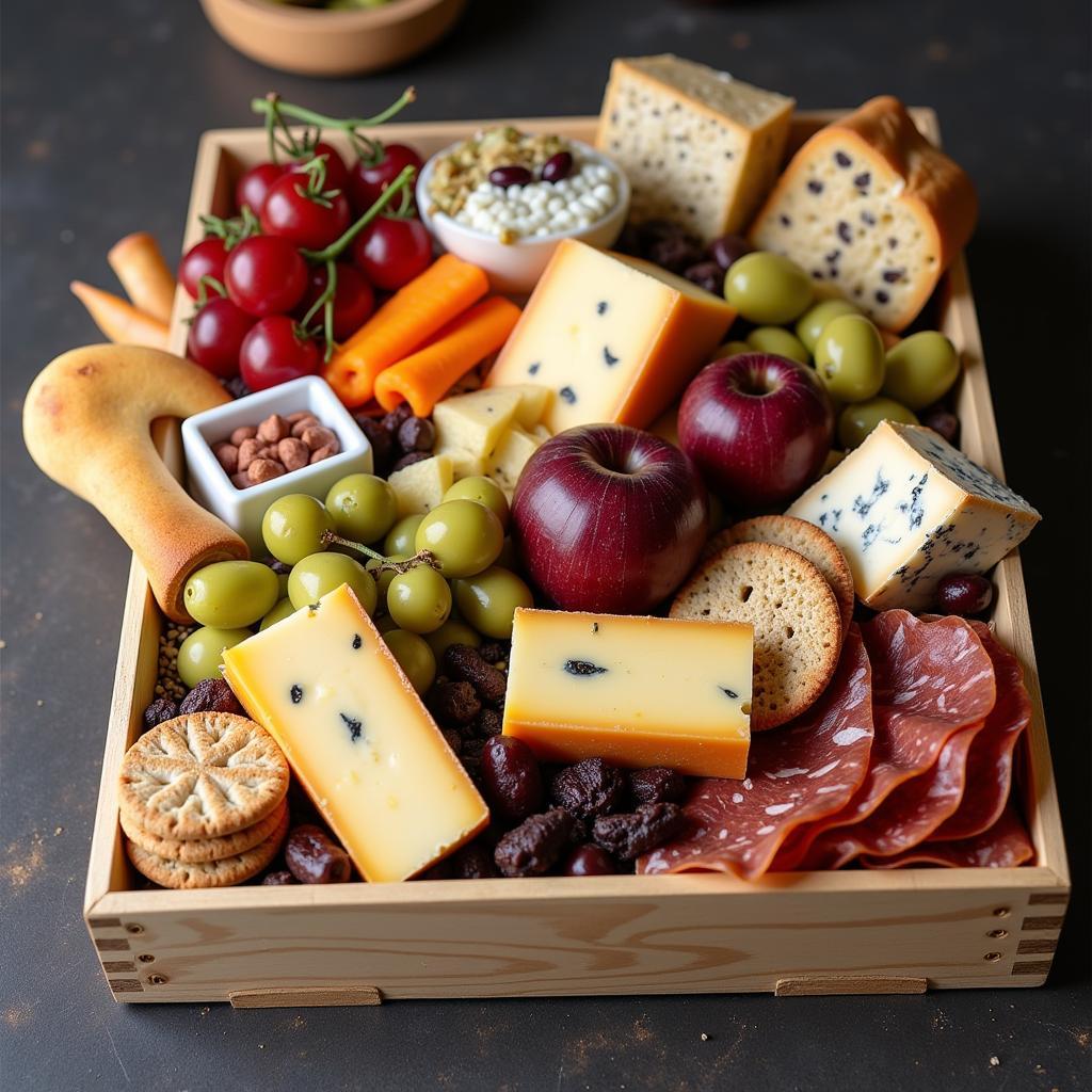 Assorted Cheeses and Charcuterie in a Modern Gourmet Food Man Crate