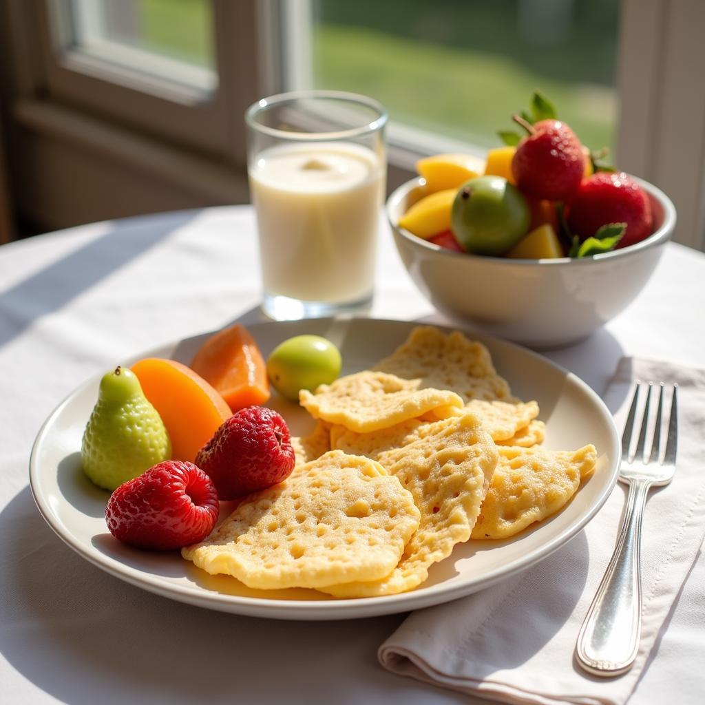 A modern take on a Paraguayan breakfast, featuring fresh fruits, yogurt, and traditional chipa.