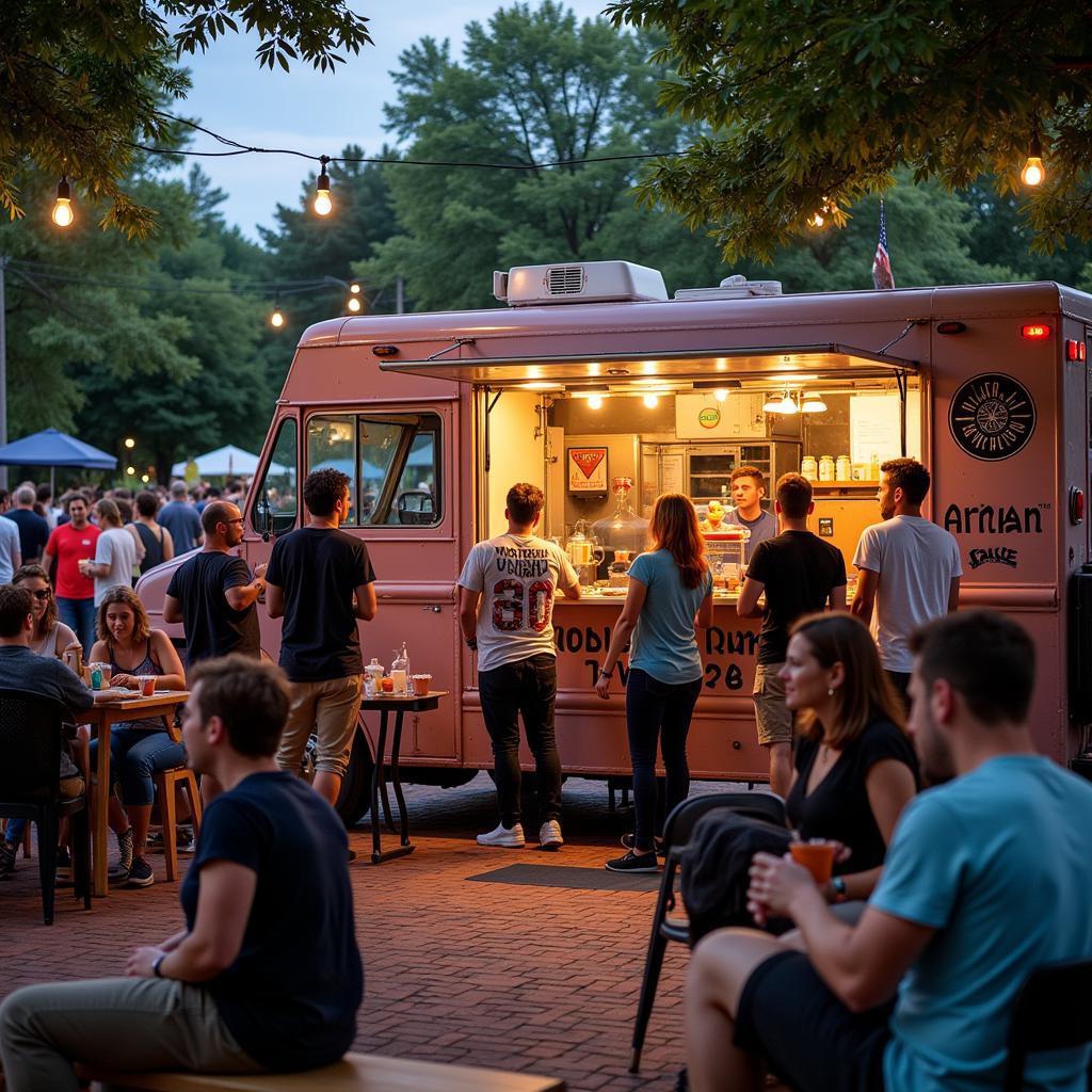 Mooresville Food Truck Atmosphere: A photo capturing the vibrant atmosphere of a Mooresville food truck event, with people enjoying food, music, and socializing.