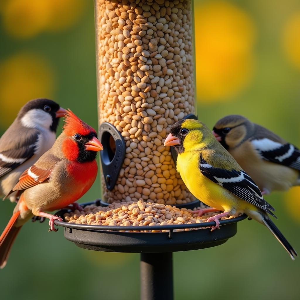 Birds Enjoying Sunflower Seeds in the Morning