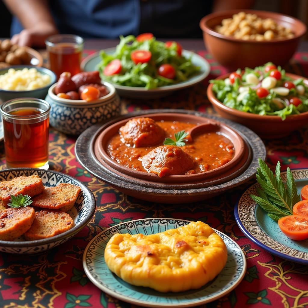 A Colorful Spread of Moroccan Dishes: Tagine, Pastilla, and Mint Tea