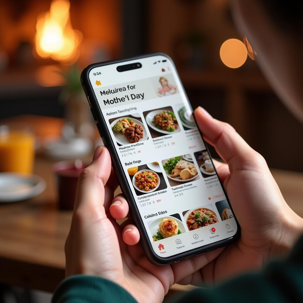 Person browsing food delivery app on phone for Mother's Day