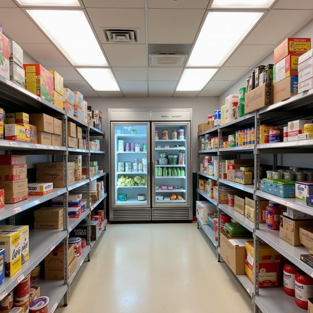 Inside Mt Zion Food Pantry with shelves stocked with food.