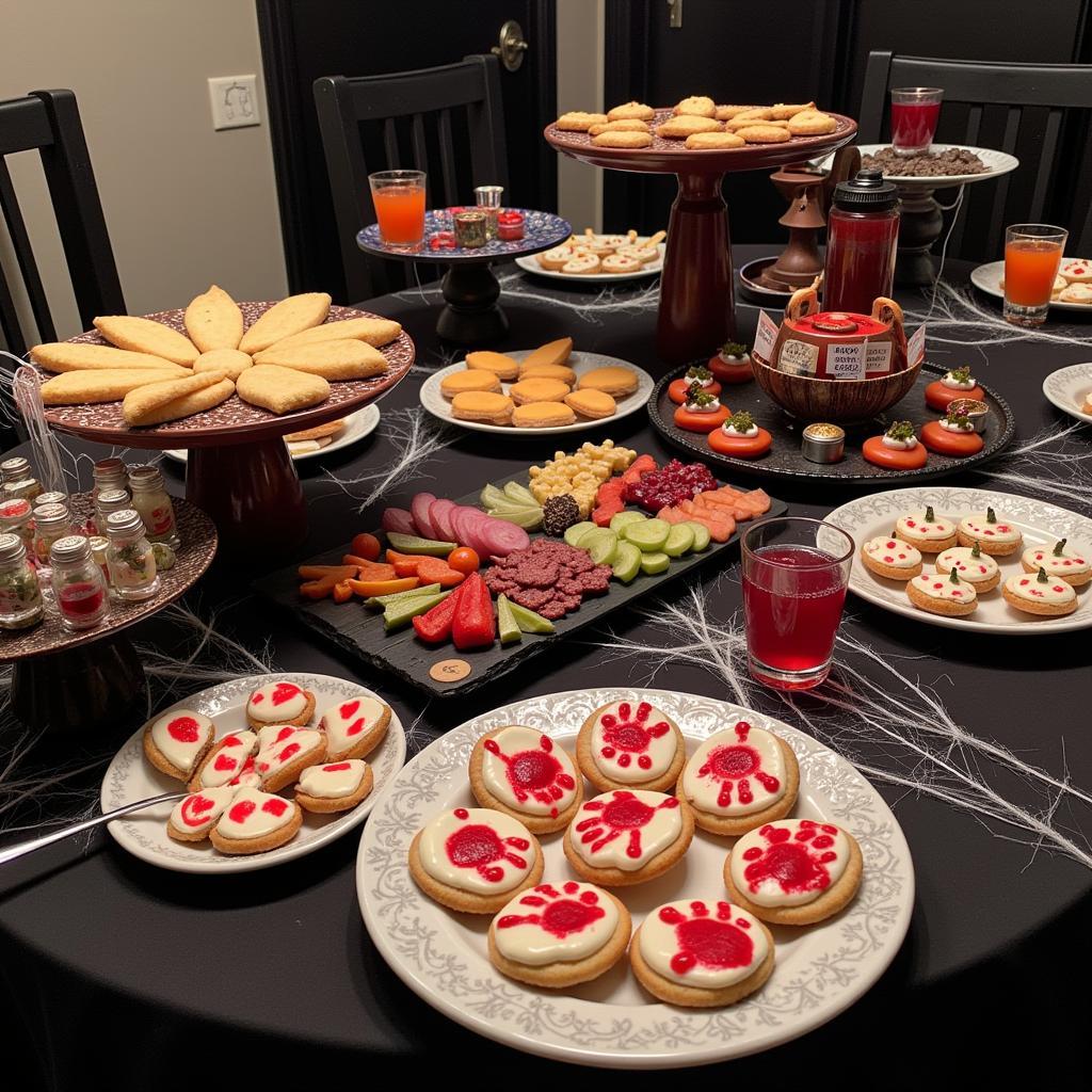 Murder Mystery Themed Food Spread Displaying Various Dishes and Decorations