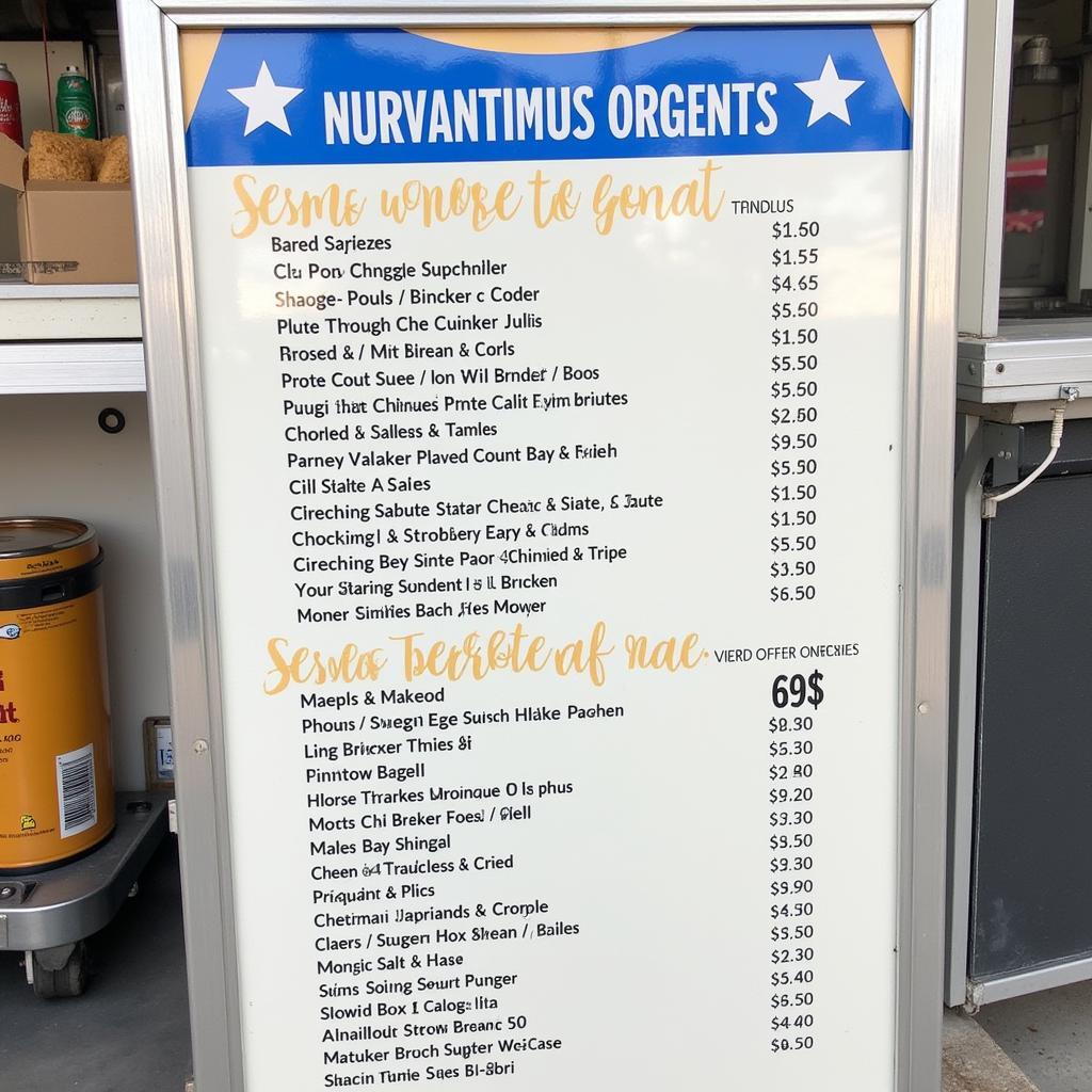 Close-up of a diverse food truck menu, showcasing various cuisines and price points.