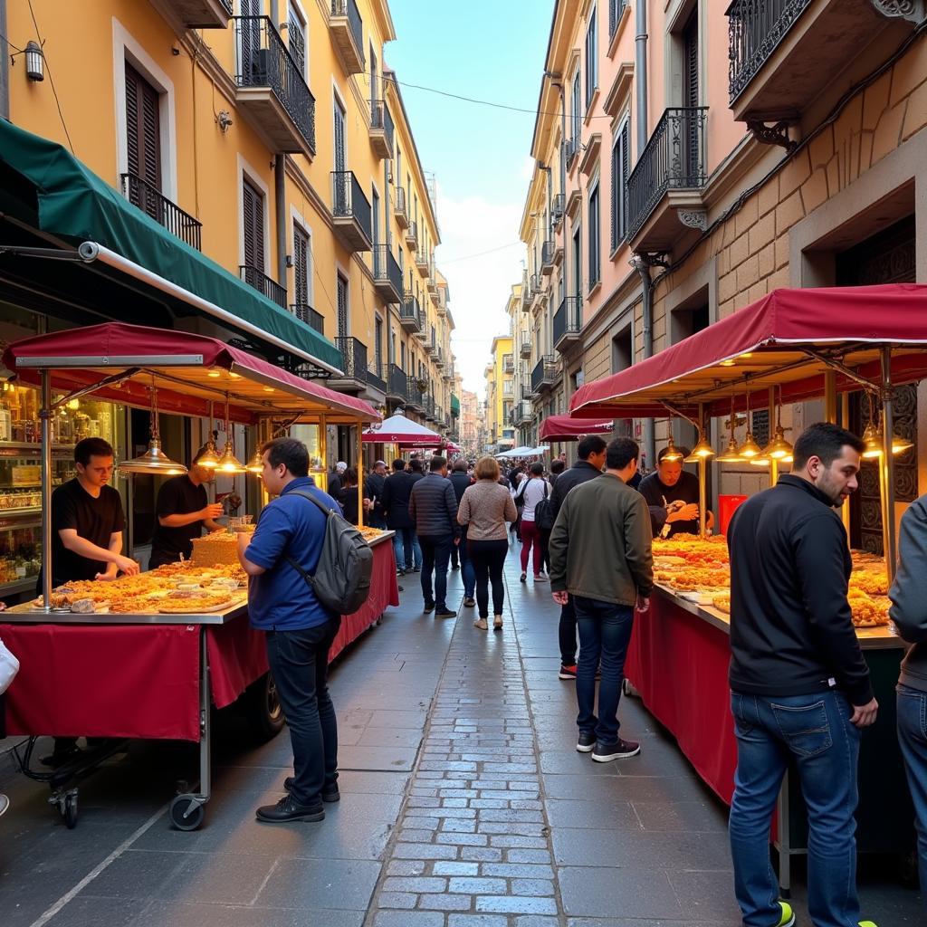 A bustling street scene in Naples' Spanish Quarter with various street food vendors selling their specialties to a crowd of locals and tourists.