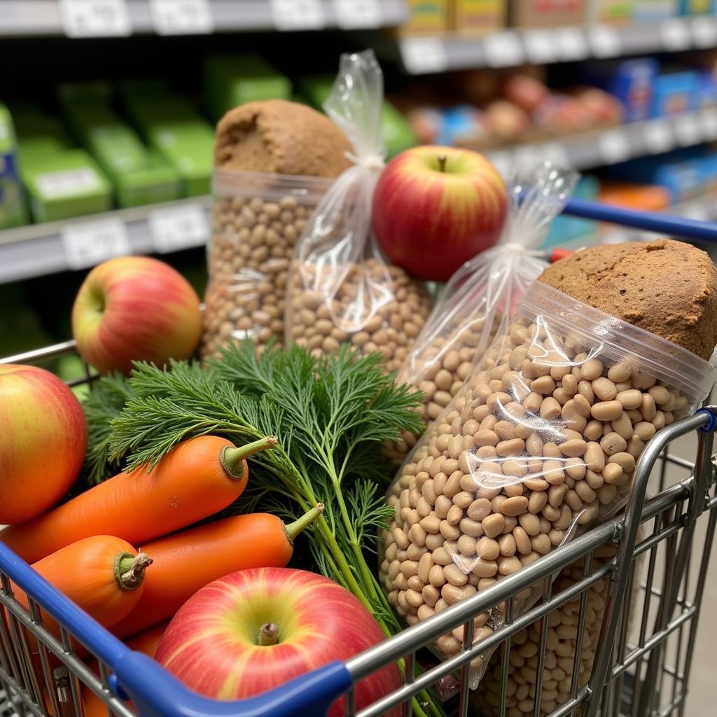 A display of affordable natural food options, such as seasonal produce, legumes, and whole grains.