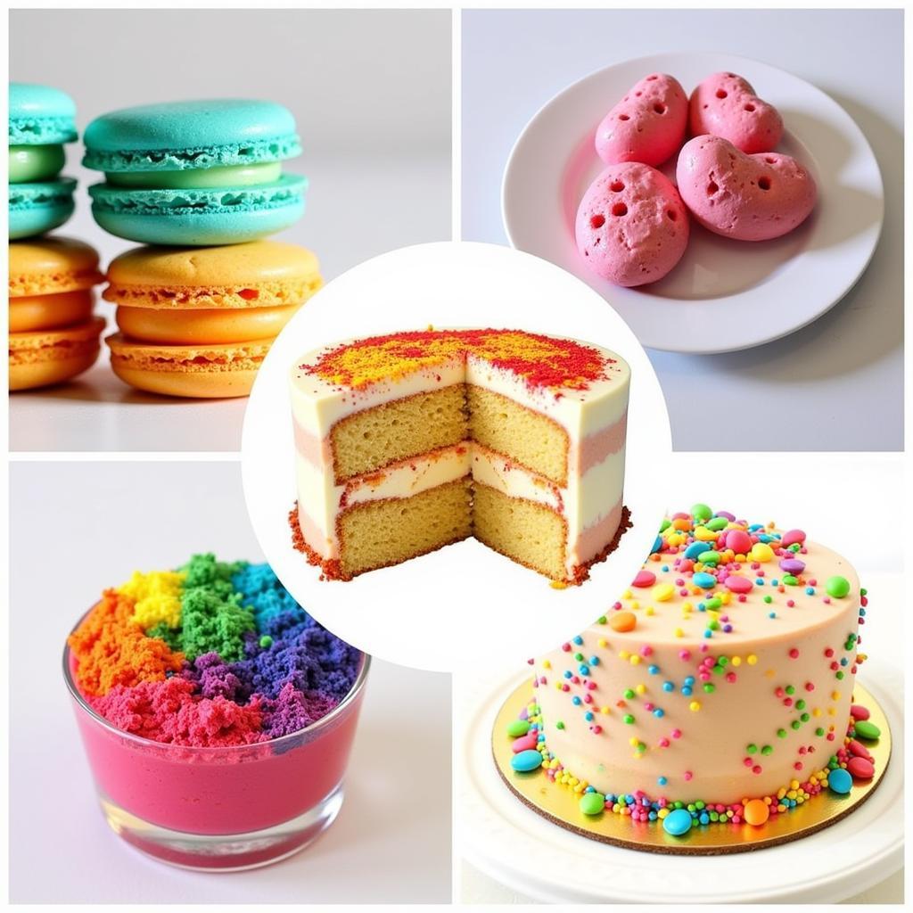 Colorful macarons and a vibrant cake decorated with natural food colorings.