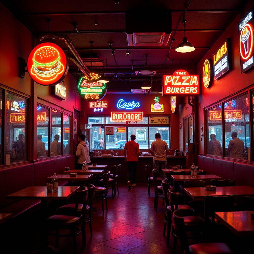 Neon Signs Brightly Illuminating a Restaurant Interior