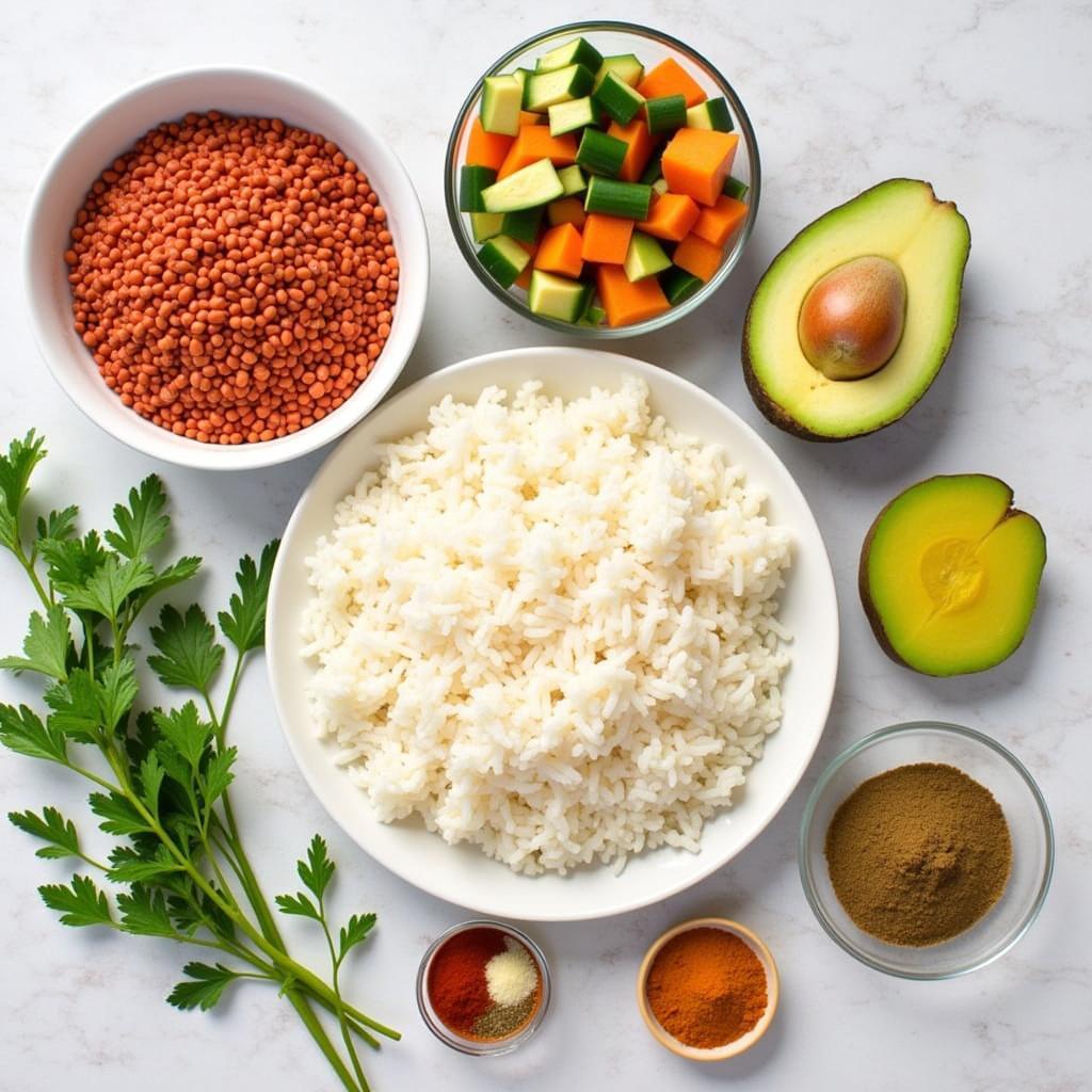 Fresh ingredients for nepalese dal bhat: lentils, rice, vegetables and spices