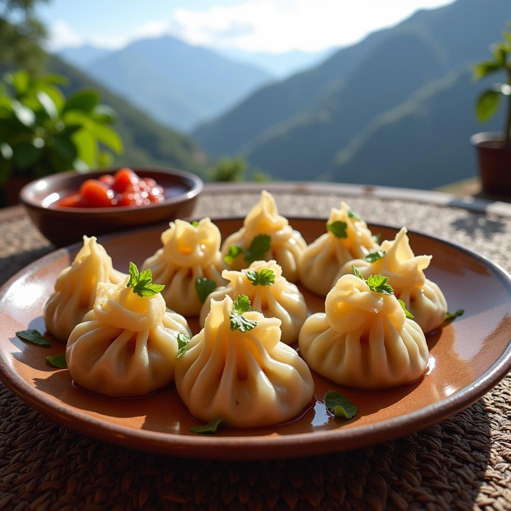 Steaming hot nepalese momo dumplings with spicy tomato chutney