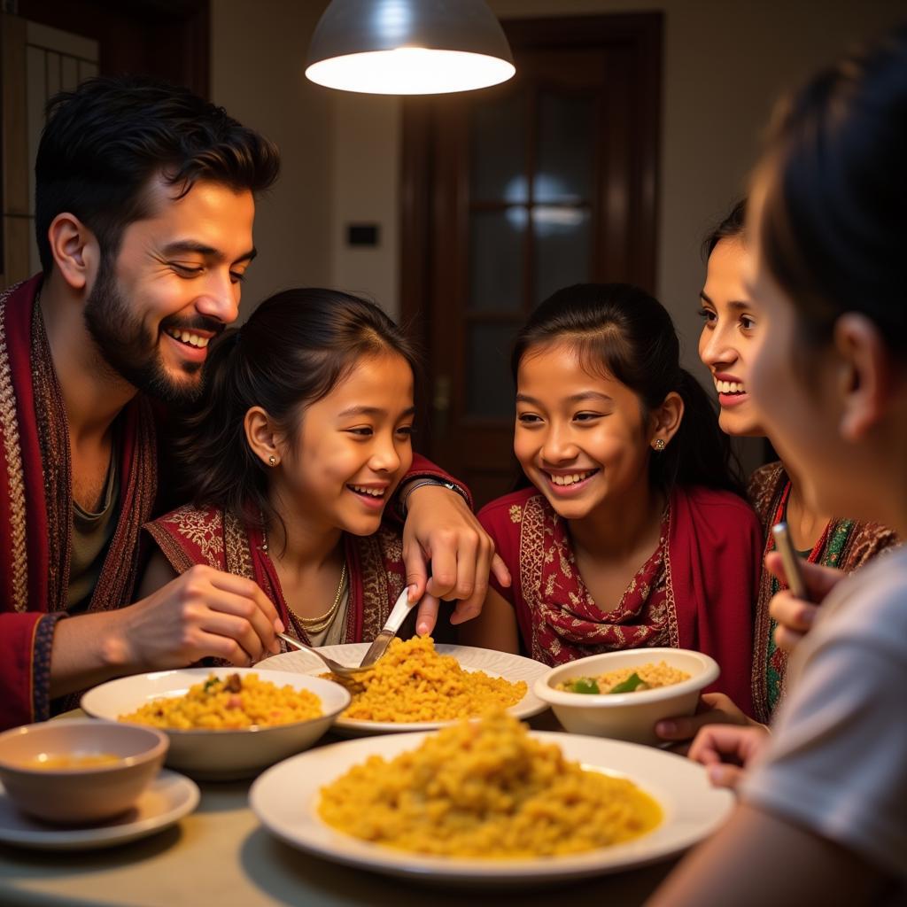 A Nepali family enjoying a traditional Dal Bhat meal together.