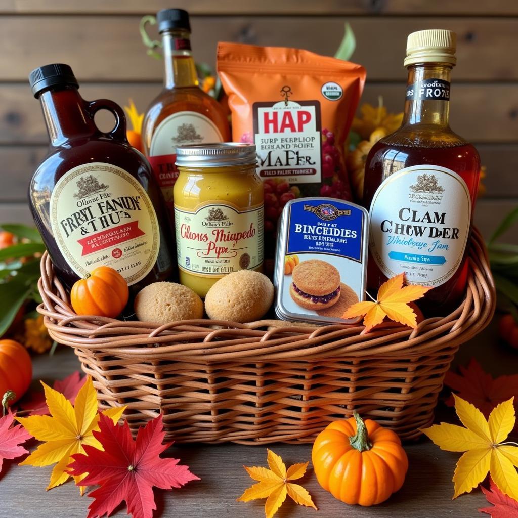 New England food gift basket filled with local specialties like maple syrup, clam chowder, and blueberry jam.